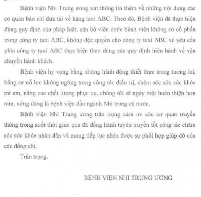 Bệnh viện Nhi Trung ương lên tiếng về việc