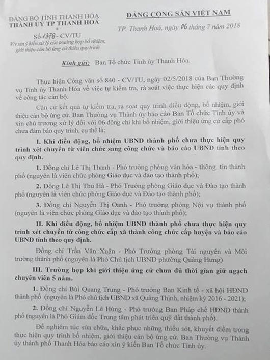 Công văn 1378-CV-TU xin ý kiến Ban tổ chức Tỉnh ủy Thanh Hóa đề nghị hủy 6 trường hợp bổ nhiệm lãnh đạo phòng trái quy định.