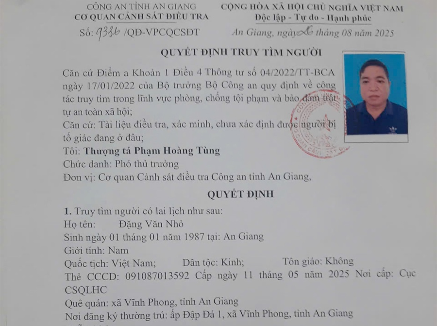 Quyết định truy tìm Đặng Văn Nhỏ