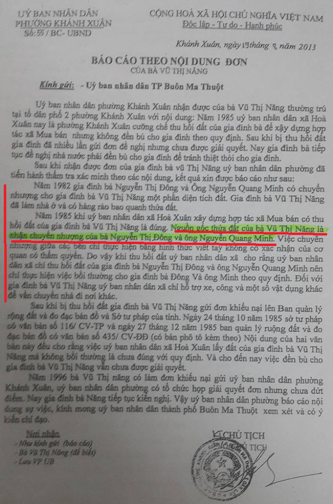 Văn bản của UBND P. Khánh Xuân năm 2013 nêu: “Nguồn gốc thửa đất của bà Năng là nhận chuyển nhượng của bà Đông và ông Minh”.