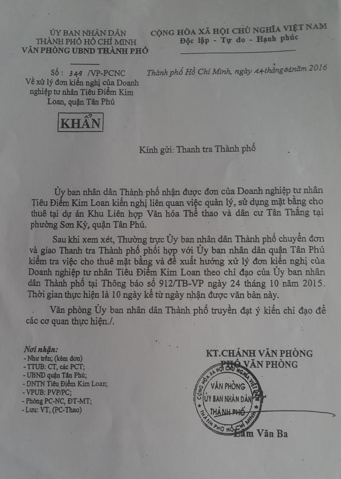 Ngày 14/1/2016 UBND TP có công văn Khẩn gửi Thanh tra thành phố về việc xử lý đơn kiến nghị của DN Kim Loan.