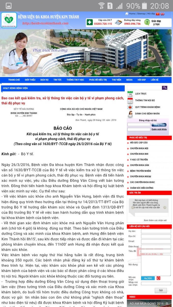 BV Đa khoa Kim Thành (Hải Dương) báo cáo Bộ Y tế về quyết định kỷ luật đối với điều dưỡng Đồng Văn Công.