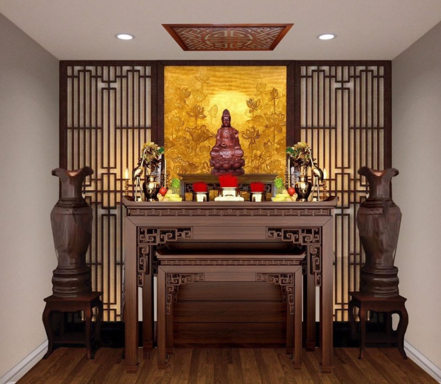 Ban thờ thần phật thường được đặt ở sảnh giữa nhà và tựa lưng vào tường