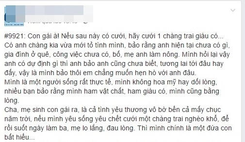 Dòng tâm sự khuyên con gái nên lấy chồng giàu gây tranh cãi trên mạng. (Ảnh chụp màn hình từ Facebook)
