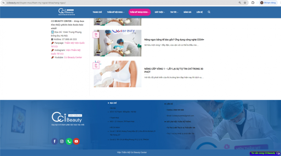 Website ccibeauty.vn đăng tải các địa chỉ bệnh viện khác thành của CCI để thu hút khách. Ảnh Sở Y tế TP.HCM