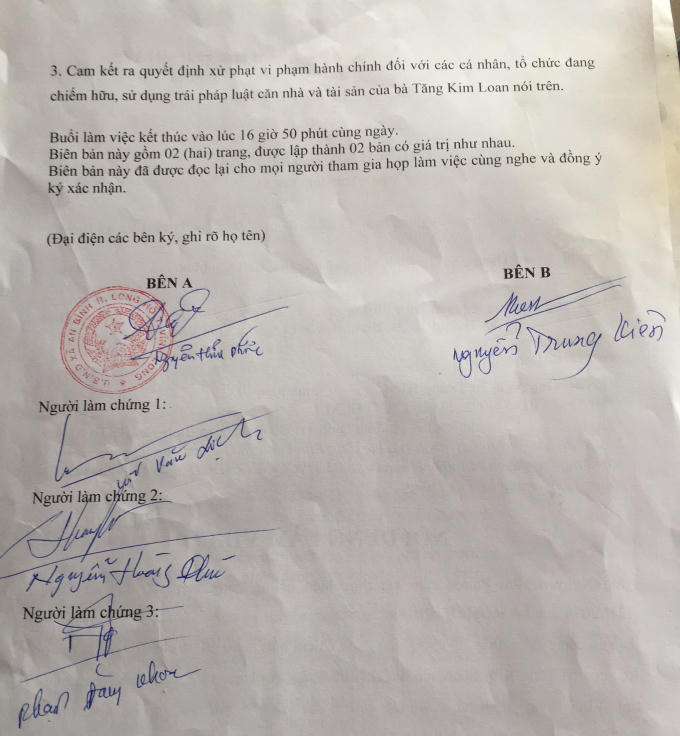 Trong biên bản, ông Phước cam kết rất nhiều việc nhưng theo phản ánh lại không giải quyết.