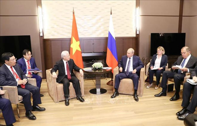 Tổng bí thư Nguyễn Phú Trọng hội đàm cùng Tổng thống Nga Putin. Ảnh: TTXVN.