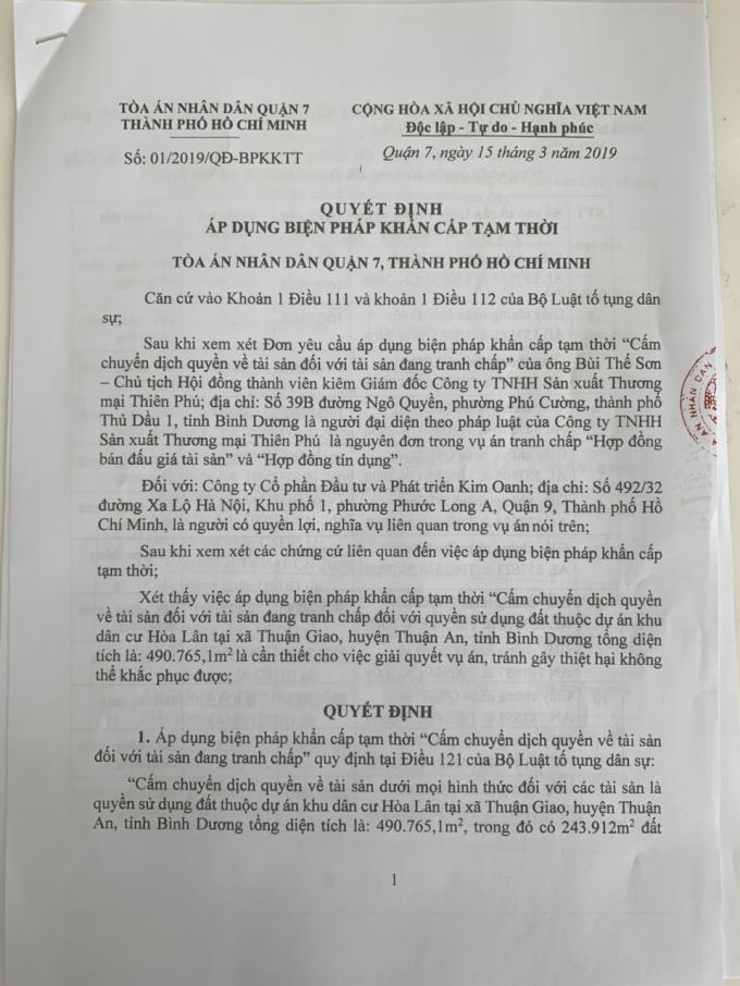 Quyết định Áp dụng biện pháp khẩn cấp tạm thời cấm chuyển dịch quyền về tài sản dưới mọi hình thức đối với dự án KDC Hòa Lân.
