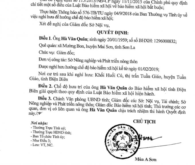 Quyết định nghỉ hưu của ông Hà Văn Quân.