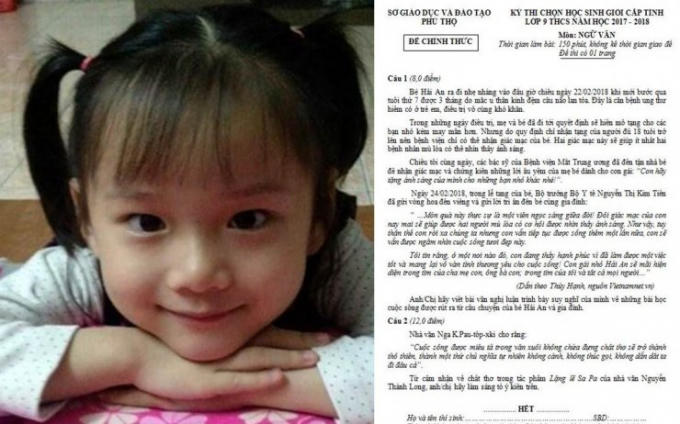 Câu chuyện về bé Hải An được đưa vào đề thi học sinh giỏi cấp tỉnh môn Ngữ Văn 2017-2018 tại Phú Thọ. 