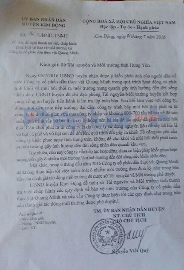 UBND huyện Kim Động đã có văn bản số: 281/UBND – TNMT ngày 8/7/2016 gửi Sở Tài nguyên và Môi trường tỉnh Hưng Yên đề nghị cơ quan này thanh tra, kiểm tra đối với Công ty cổ phần dầu thực vật Quang Minh.