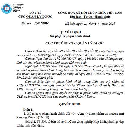 Một phần Quyết định xử phạt hành chính đối với Công ty dược phẩm và thương mại Phương Đông - (TNHH). (Ảnh chụp màn hình)