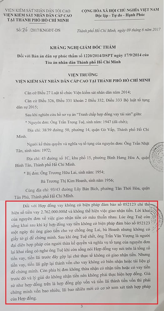 Quyết định kháng nghị giám đốc thẩm số 76/2017/KNGĐT-DS của Viện Kiểm sát nhân dân Cấp cao tại TP HCM.