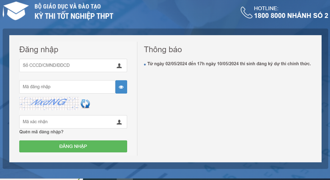Thí sinh đăng ký dự thi tốt nghiệp THPT năm 2024 theo hình thức trực tuyến tại website http://thisinh.thitotnghiepthpt.edu.vn