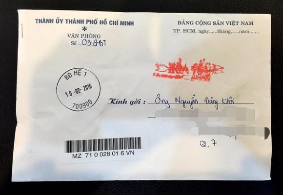 Thư hỏa tốc từ Bí Thư Thành Uỷ Đinh La Thăng gửi đến Đăng Khôi. Ảnh: internet.