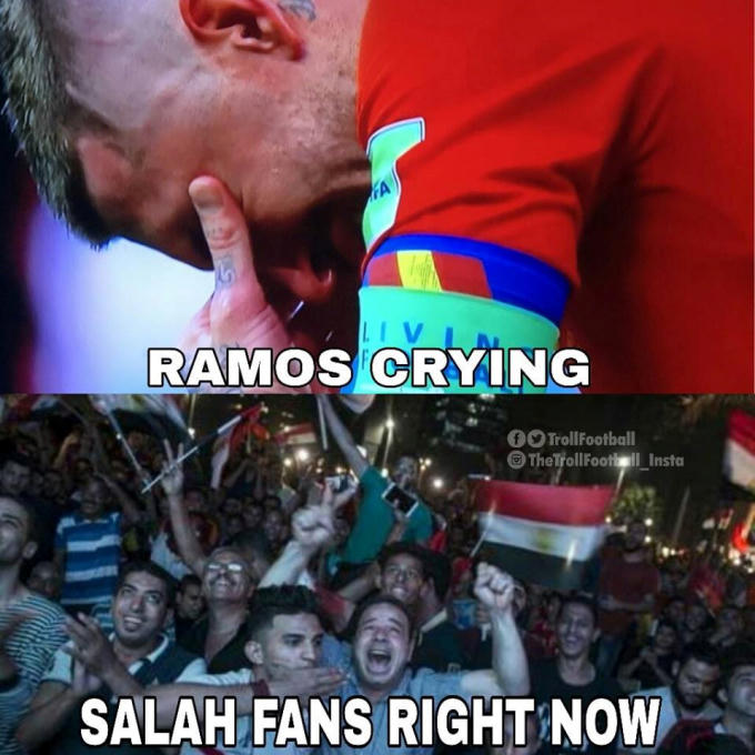 Fan của cầu thủ Ai Cập Salah vui mừng trước thất bại của Ramos. Có lẽ họ vẫn chưa quên được cú khóa tay dẫn đến chấn thương nặng mà anh đã gây ra cho Salah tại chung kết cúp C1. Ảnh: Troll Football.