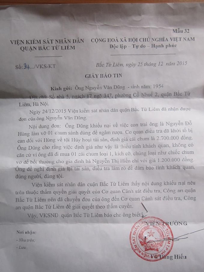 Giấy báo tin của Viện Kiểm Sát nhân dân quận Bắc Từ Liêm.