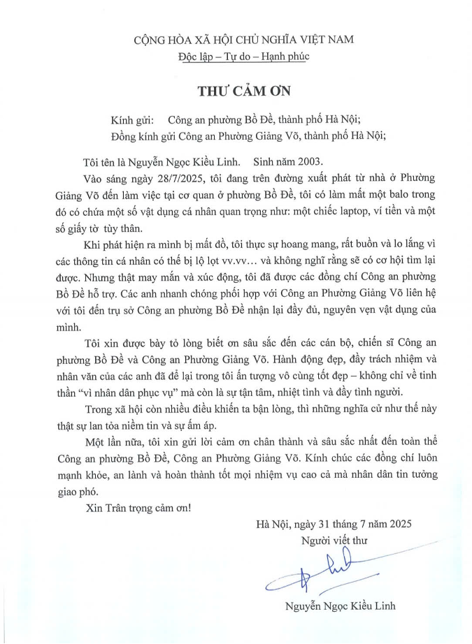 Lá thư cảm ơn của Linh gửi đến các chiến sĩ công an phường Bồ Đề, TP Hà Nội.