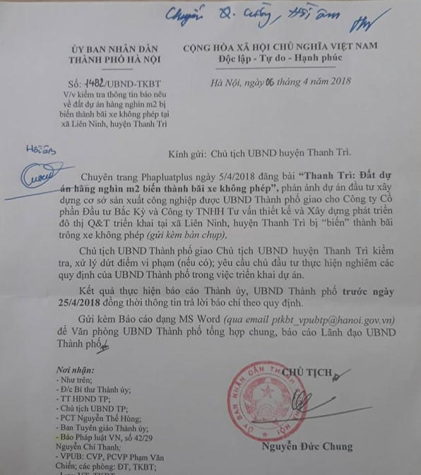 Công văn của Chủ tịch UBND TP Hà Nội.
