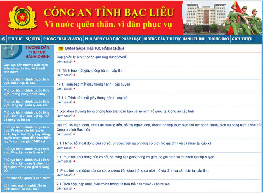 Danh sách thủ tục hành chính thường xuyên được cập nhật, đăng tải trên Trang thông tin điện tử Công an tỉnh Bạc Liêu.