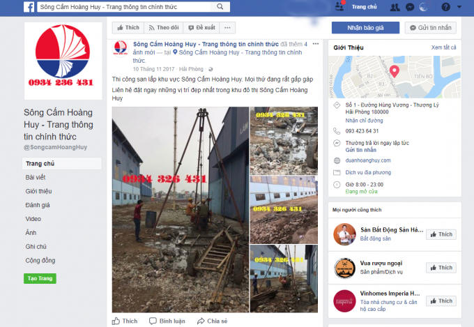 Cụ thể, trên trang Facebook "Sông Cấm Hoàng Huy - Trang thông tin chính thức", đã xuất hiện những hình ảnh khoan quan trắc kèm với nội dung như “Thi công san lấp. Mọi thứ đang rất gấp gáp – Liện hệ đặt ngay những vị trí đẹp nhất trong khu đô thị Sông Cấm Hoàng Huy”.