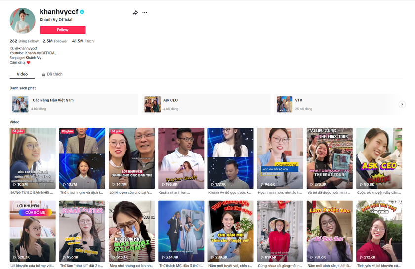 Kênh TikTok của Khánh Vy với nhiều nội dung tích cực, truyền cảm hứng.