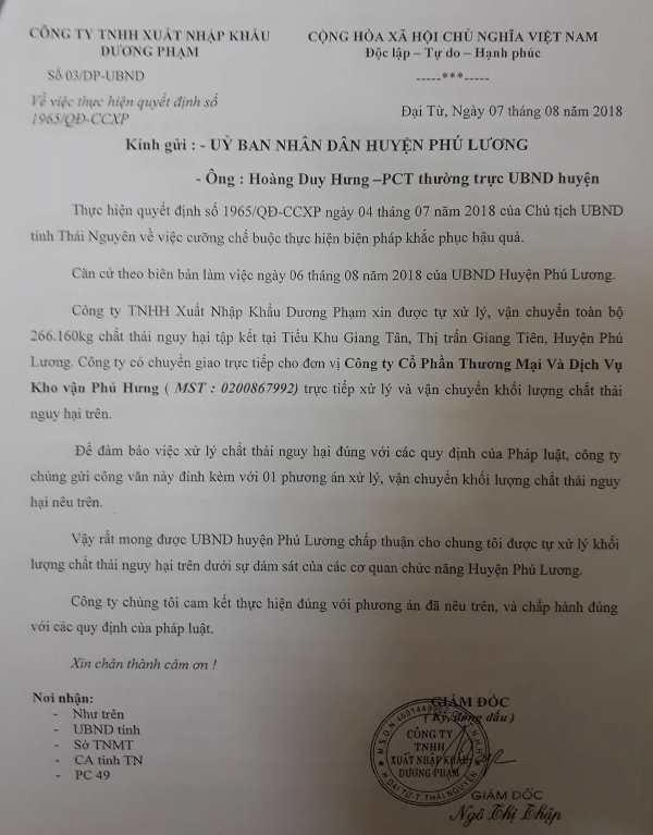 Ngày 07/08/2018, Công ty Dương Phạm có văn bản gửi UBND huyện Phú Lương về việc giao toàn bộ 233 tấn chất thải nguy hại cho Công ty Phú Hưng xử lý và đã được UBND tỉnh Thái Nguyên chấp thuận.
