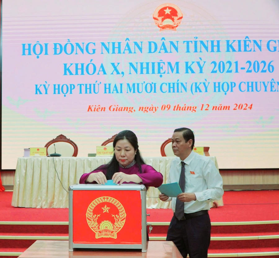 Bà Lê Hồng Thắm, Phó Chủ tịch HĐND bỏ phiếu bầu các chức danh tại kỳ họp HĐND tỉnh sáng 9/12