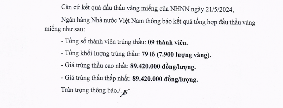Kết quả đấu thầu hôm 21/5.