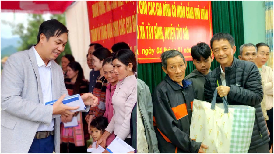 Từ trái qua phải: ông Nguyễn Văn Cường, Đặng Văn Thanh trao tặng quà cho gia đình có hoàn cảnh khó khăn (Ảnh: An Luých)