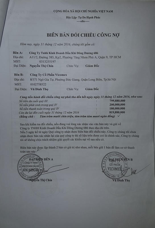 Biên bản đối chiếu công nợ giữa Công ty Đông Dương 686 và Công ty Vicomex.
