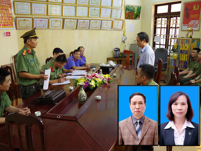 Cơ quan An ninh điều tra công bố quyết định khởi tố bị can, cấm đi khỏi nơi cư trú đối với Phạm Văn Khuông; Bị can Phạm Văn Khuông và Triệu Thị Chính (ảnh nhỏ) ẢNH: NGUYỄN LÂN