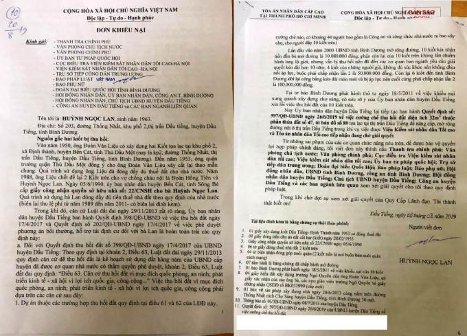Đơn kêu cứu của bà Lan cho rằng UBND huyện Dầu Tiếng cưỡng chế khi chưa giải quyết thỏa đáng.