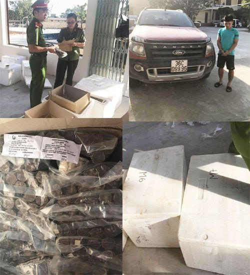 Đối tượng Mai Văn Tỉnh cùng tang vật 192kg thuốc nổ bị bắt giữ. (Ảnh: CA Thanh Hóa cung cấp)