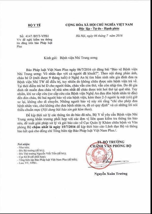 Công văn của Bộ Y tế.