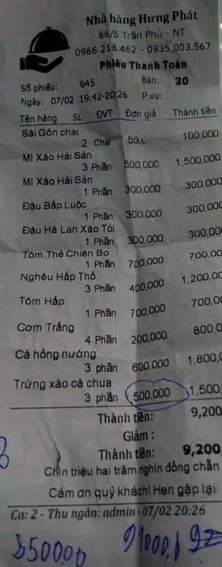 Hóa đơn được cho là của nhà hàng Hưng Phát. 