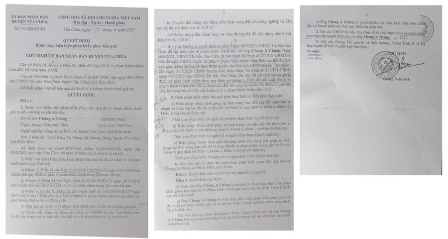 Quyết định 756/QD-KPHQ ngày 12/6/2023 của UBND huyện Tủa Chùa do ông Lường Tuấn Anh ký về việc "Buộc thực hiện biện pháp khắc phục hậu quả" đối với ông Chang A Cháng đang gây ra nhiều thắc mắc, nghi vấn của dư luận.