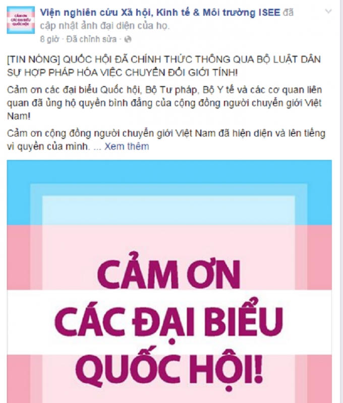 Niềm vui, niềm hạnh phúc vỡ òa và lời cảm ơn các đại biểu Quốc hội sau khi việc chuyển đổi giới tính chính thức được hợp pháp hóa.