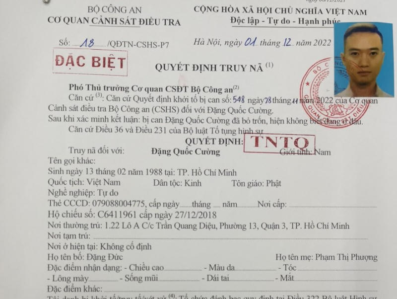 Lệnh truy nã Đặng Quốc Cường. Ảnh: CACC
