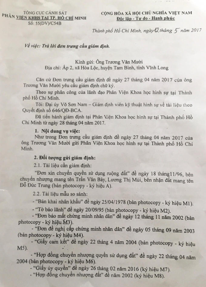 Văn bản của Phân viện Khoa học hình sự (Tổng cục Cảnh sát) tại TP HCM...