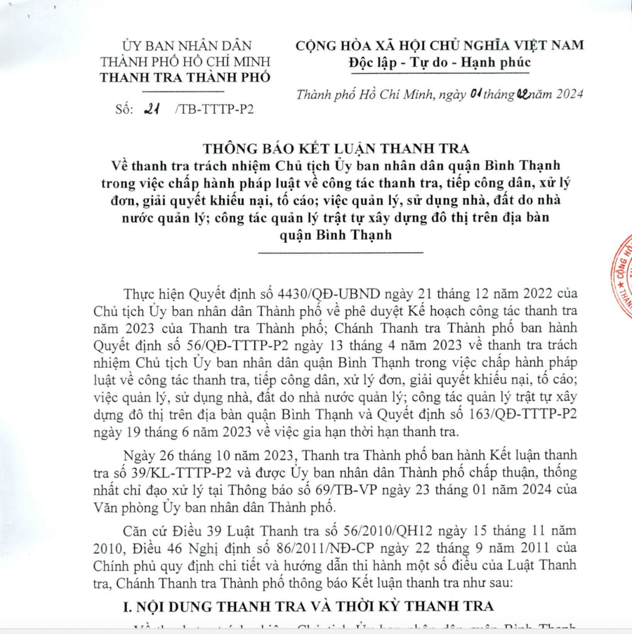 Thông báo kết luận thanh tra (KLTT) của Thanh tra TP Hồ Chí Minh đối với quận Bình Thạnh.