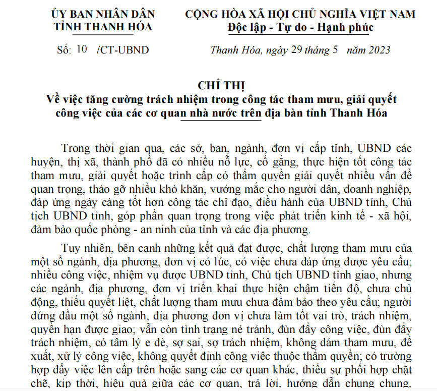 Chỉ thị số 10/CT-UBND về việc tăng cường trách nhiệm trong công tác tham mưu, giải quyết công việc của các cơ quan nhà nước.