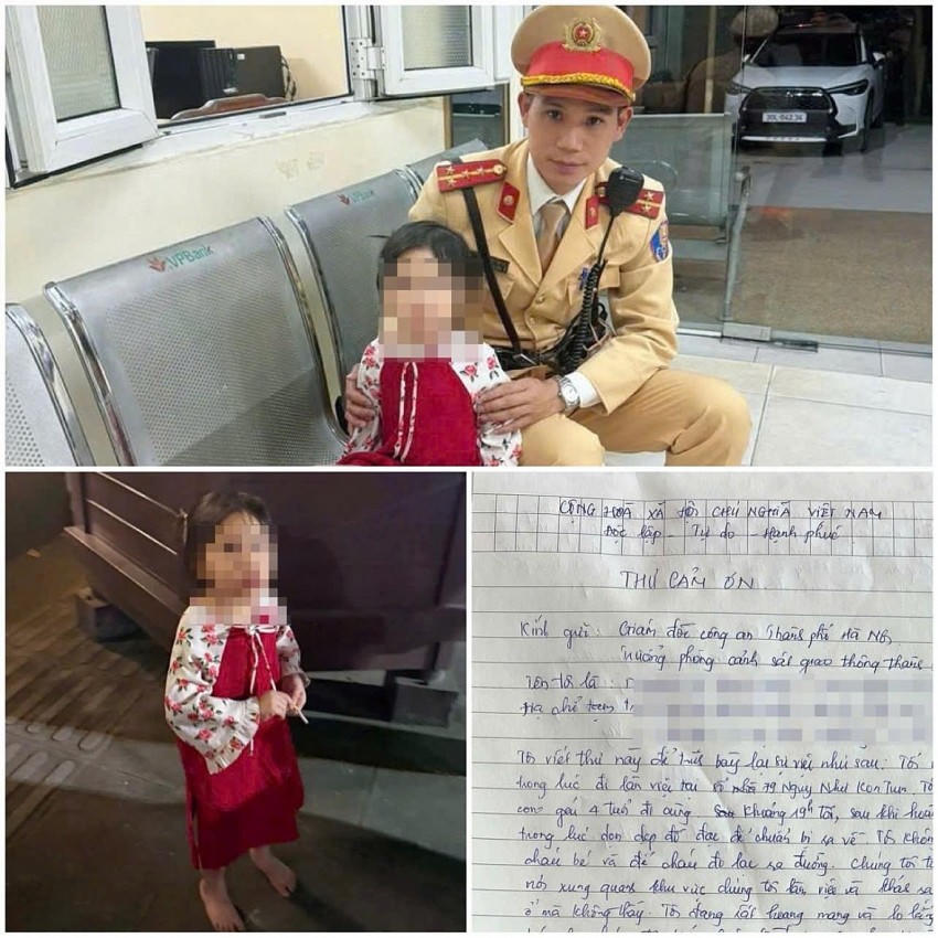 Cháu bé khi được phát hiện và bức thư chị T gửi đến lực lượng Công an.
