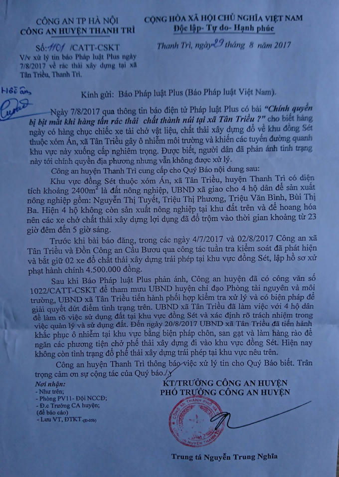 Công văn của Công an huyện Thanh Trì phúc đáp báo Pháp luật Plus về tình trạng rác thải gây ô nhiễm tại xã Tân Triều