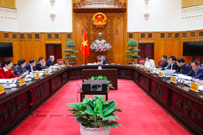 Bí thư Đảng ủy Chính phủ, Thủ tướng Phạm Minh Chính, chủ trì cuộc họp của Ban Thường vụ Đảng ủy Chính phủ thảo luận, cho ý kiến về đề án sắp xếp, tổ chức lại đơn vị hành chính các cấp (Ảnh: Đoàn Bắc).