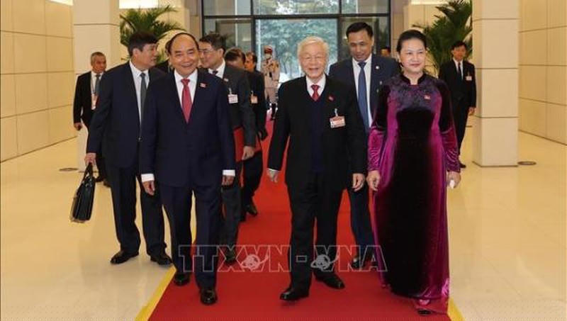 Tổng Bí thư, Chủ tịch nước Nguyễn Phú Trọng; Ủy viên Bộ Chính trị, Thủ tướng Chính phủ Nguyễn Xuân Phúc; Ủy viên Bộ Chính trị, Chủ tịch Quốc hội Nguyễn Thị Kim Ngân đến dự phiên họp trù bị Đại hội XIII của Đảng. Ảnh: TTXVN
