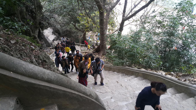 Để lên được chùa Đông Am Tiên, bạn phải leo qua 205 bậc thang đá lên động được bao phủ bởi cây xanh, quanh năm mát mẻ.