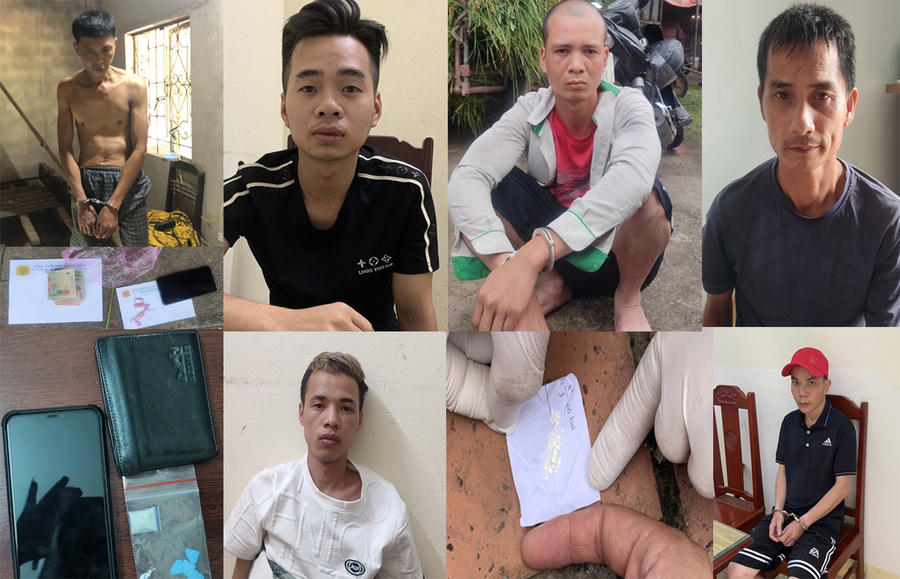 Các đối tượng mua bán ma túy bị Công an bắt giữ và tang vật thu được. (Ảnh: Công an Thanh Hoá)