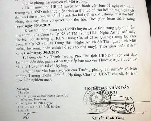 Công văn yêu cầu kiểm tra, xử lý tình trạng gây ô nhiễm môi trường ở Công ty CP Khoáng sản và TM Trung Hải - Nghệ An của Chủ tịch UBND huyện Quỳ Hợp.