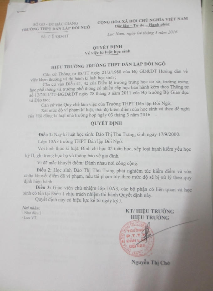 Quyết định đình chỉ học em Đào Thị Thu T học sinh lớp 10A3 trường THPT Dân lập Đồi Ngô.